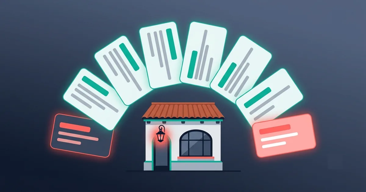 Stylized St. Augustine storefront with a stack of glowing directory listing cards fanning out above it, each showing a consistent name-address-phone block — representing a small business building consistent local citations across many directories