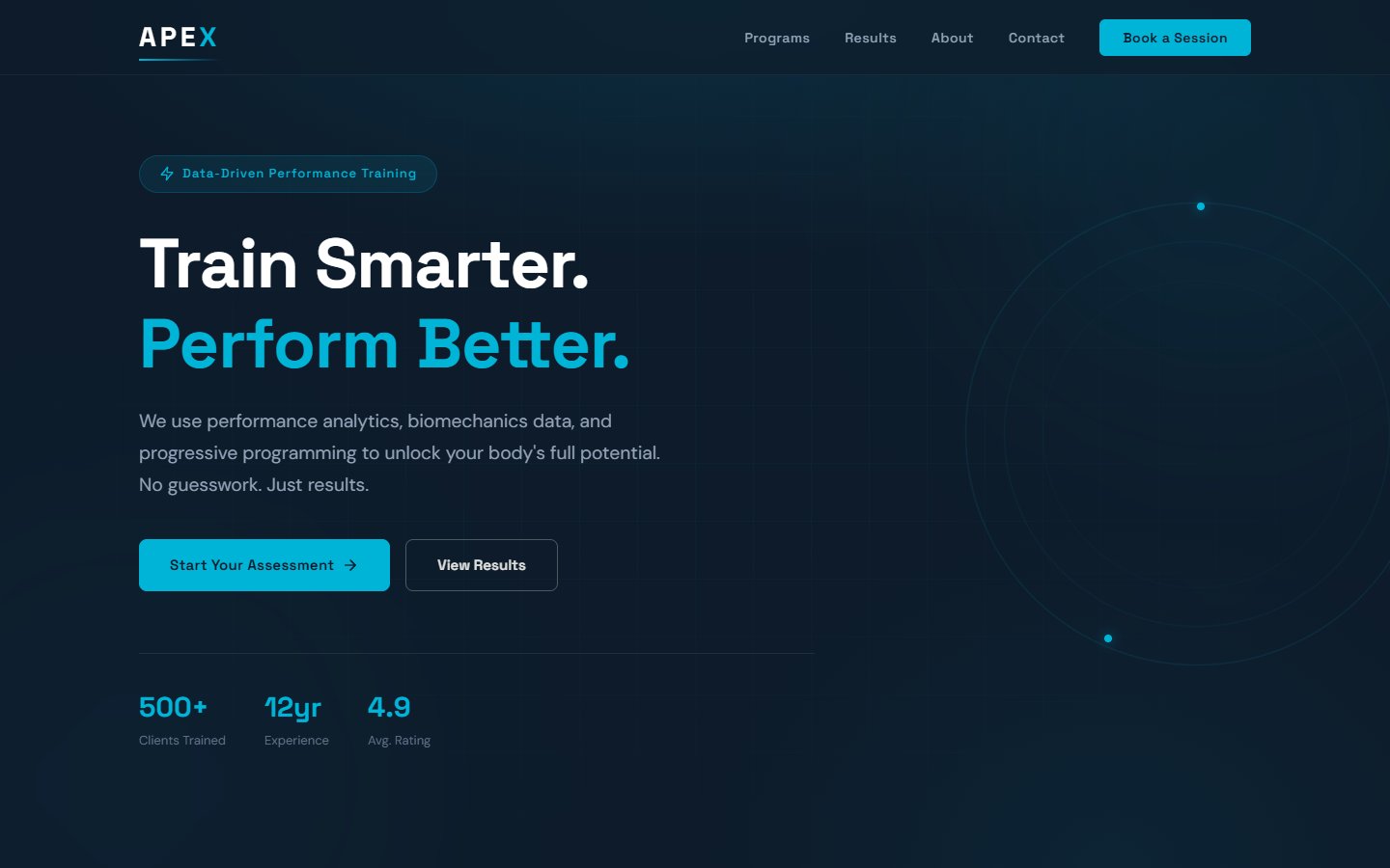 APEX Performance modern premium personal training website with midnight blue and electric blue accents