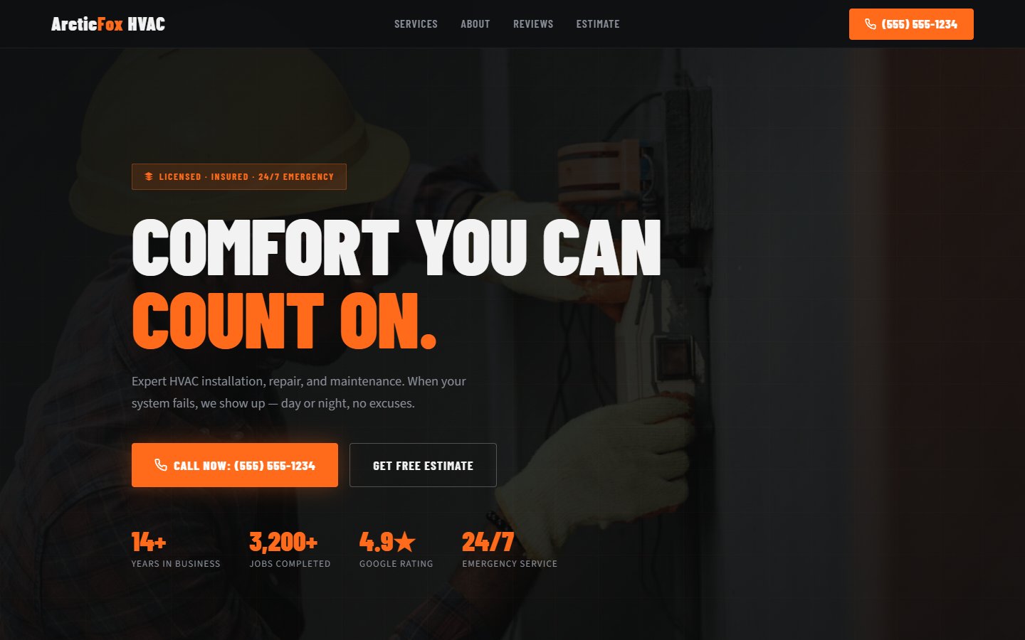 Arctic Fox HVAC bold dark mode website design with orange accents