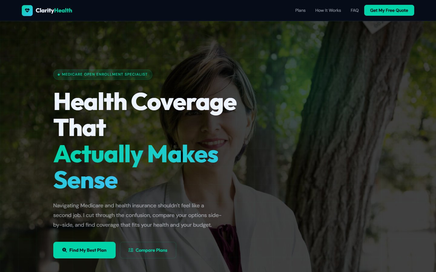 Clarity Health Insurance dark mode tech-inspired website design