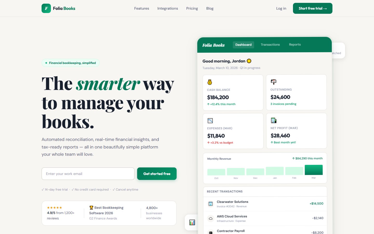 Folia Books bookkeeping platform website design with clean professional styling