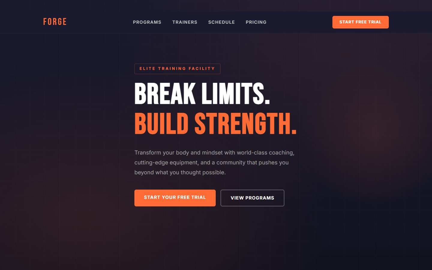 FORGE Fitness bold dark gym website design with electric orange accents