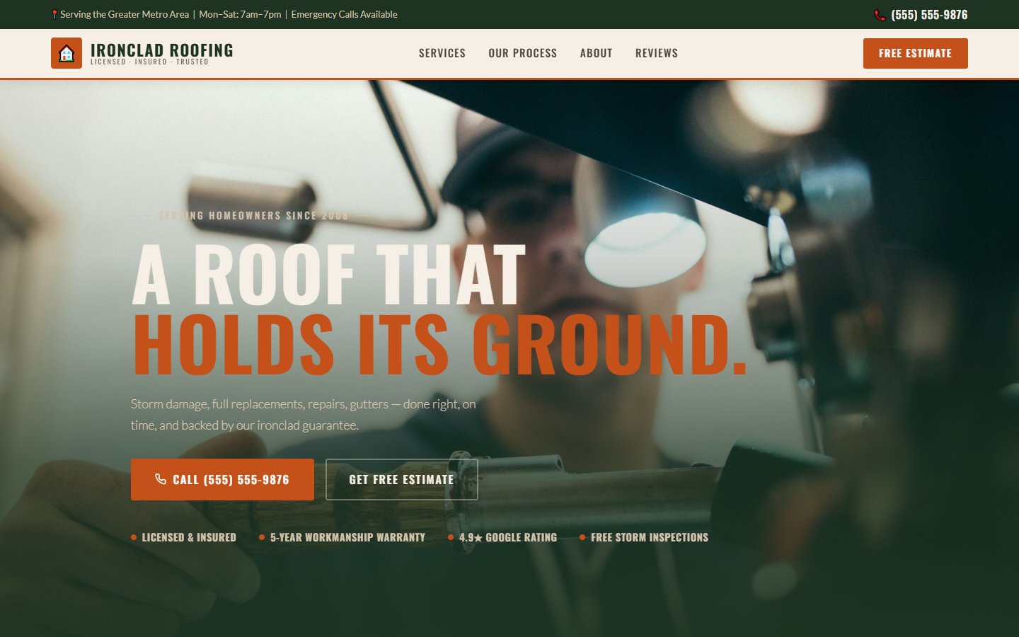 Ironclad Roofing rugged outdoor website design with earthy tones