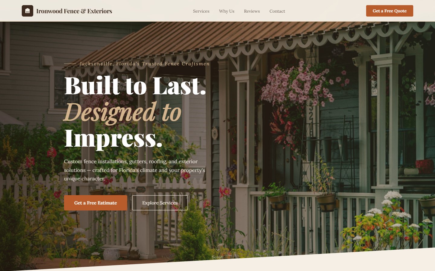 Ironwood Fence warm rustic website design with earthy tones