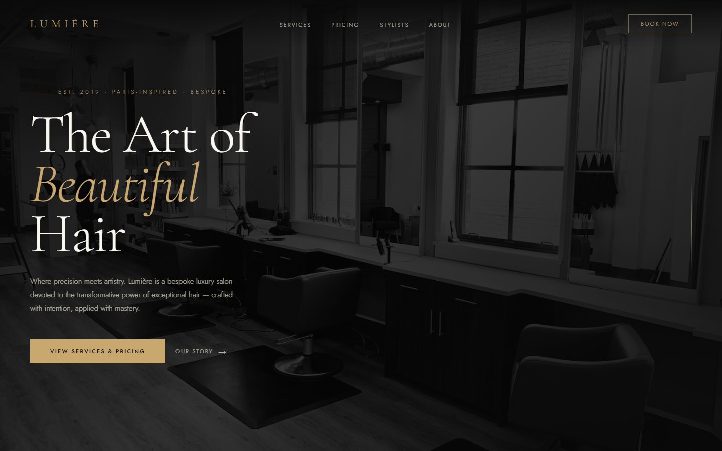 LUMIÈRE luxury hair salon website design with elegant gold and black styling