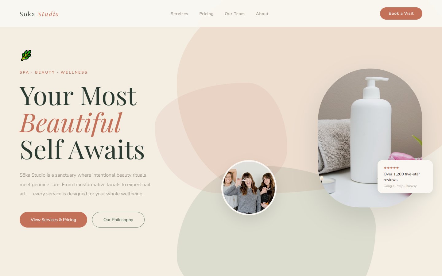 Sōka Studio spa and beauty website design with soft wellness-focused styling