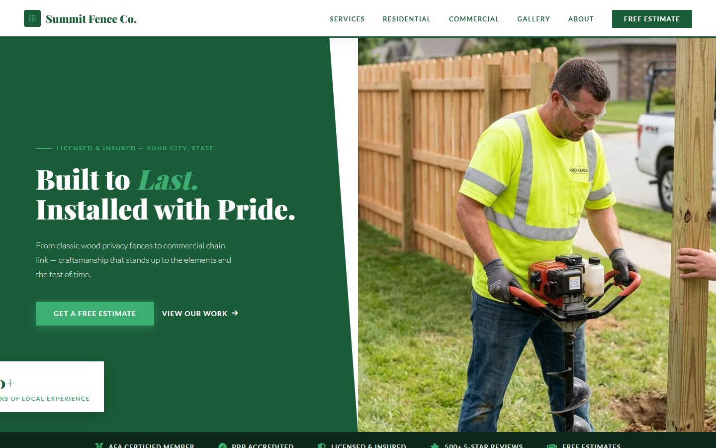 Summit Fence Co. craftsman green website design with split hero
