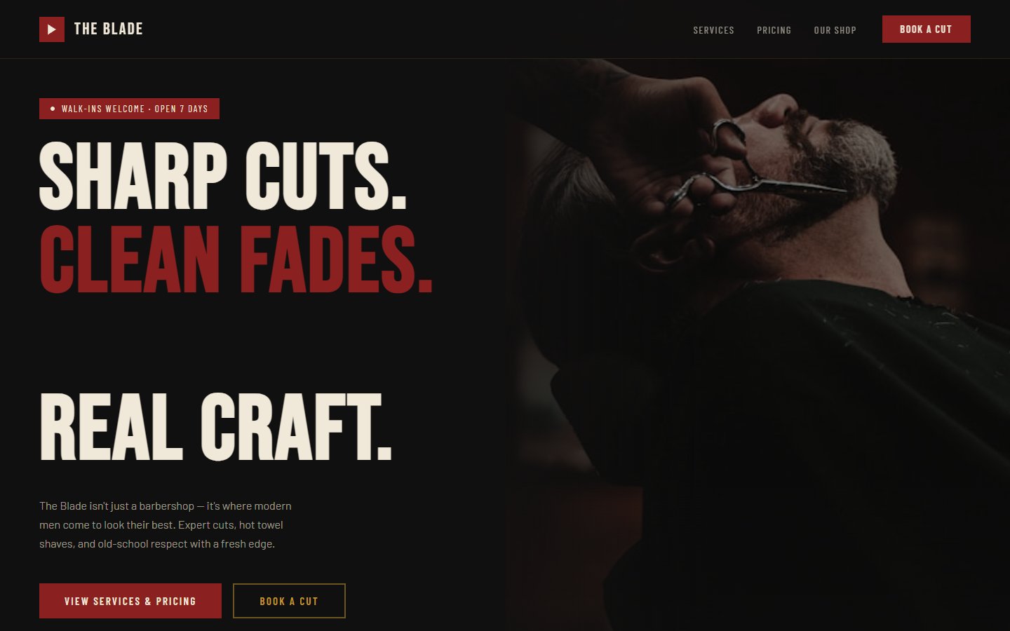 The Blade barbershop website design with bold modern black and red styling