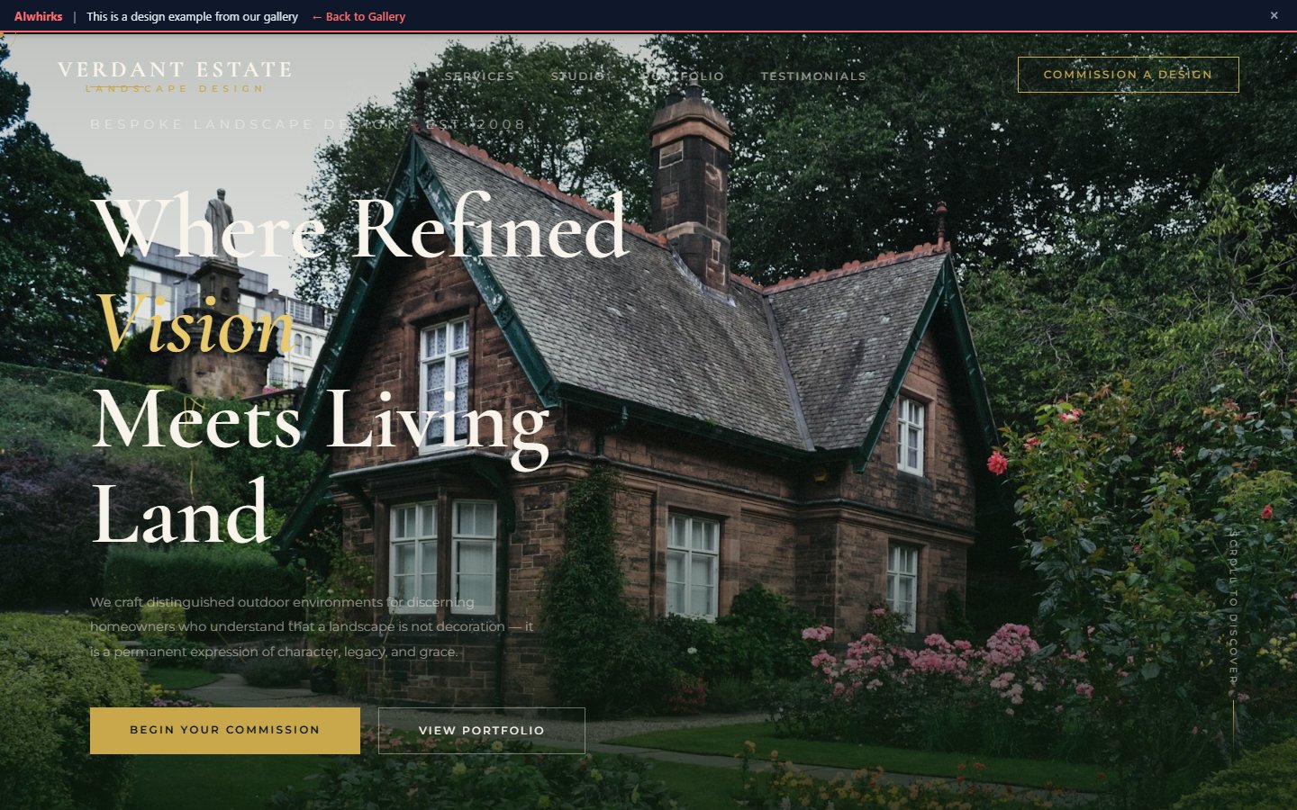 Verdant Estate landscaping website design with dark luxury styling