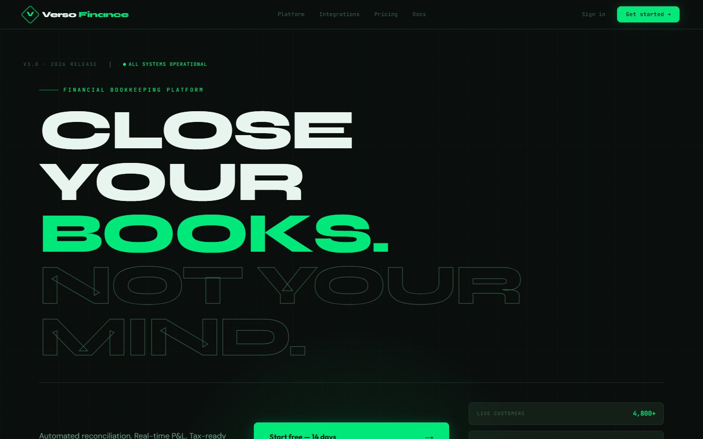 Verso Finance website design with dark theme and neon green accents