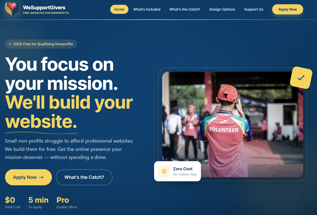 WeSupportGivers homepage showing hero section with volunteer imagery and application CTAs