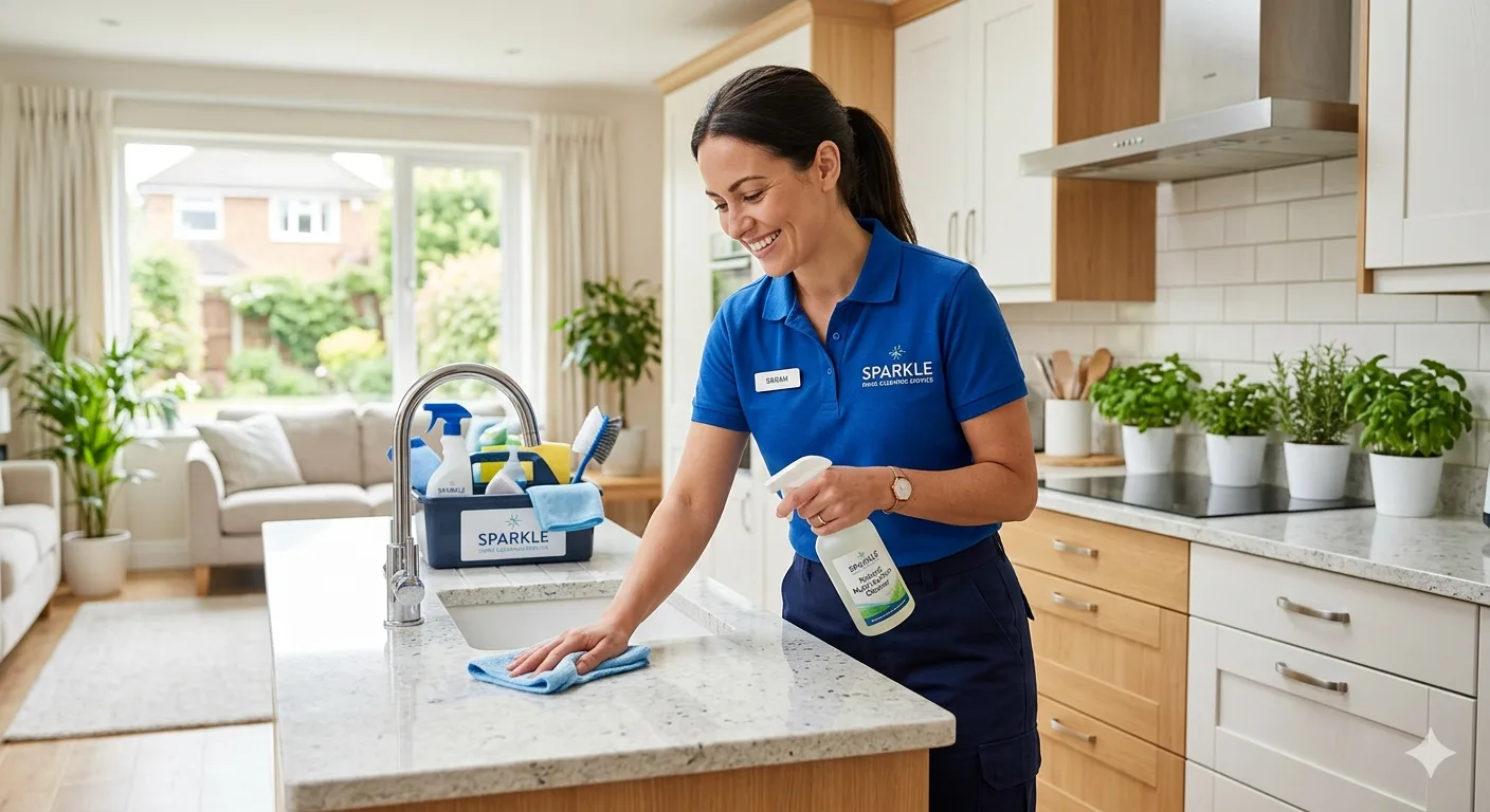 Professional cleaner in blue uniform wiping kitchen countertop with spray bottle in a modern open-plan home