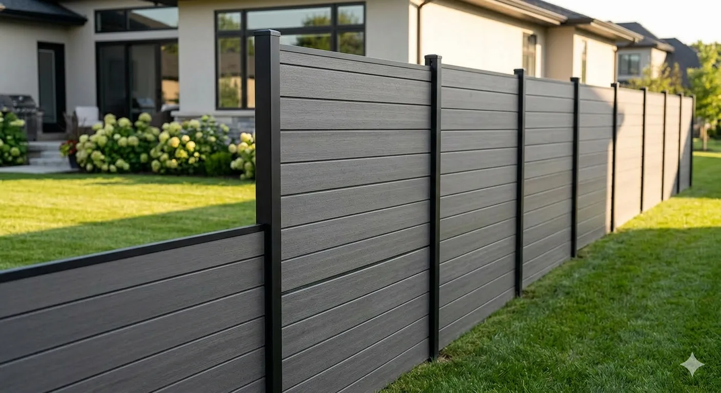 Modern gray composite privacy fence panels with black metal posts along a manicured suburban lawn