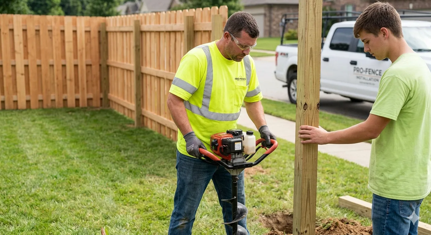 Two-person fencing crew using a gas-powered post hole digger to install a wood fence post in a residential yard