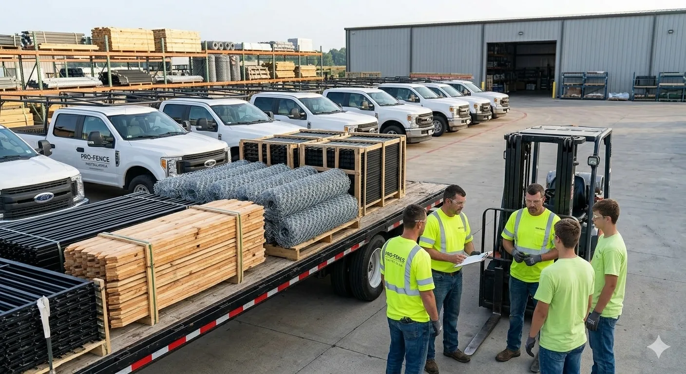 Fencing crew in high-vis vests reviewing plans beside a flatbed loaded with wood posts and chain link at a supply yard with fleet trucks