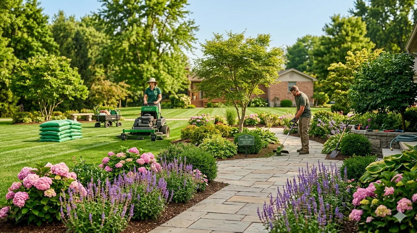 Landscaping crew mowing striped lawn and edging stone pathway beside colorful flower beds on a sunny day
