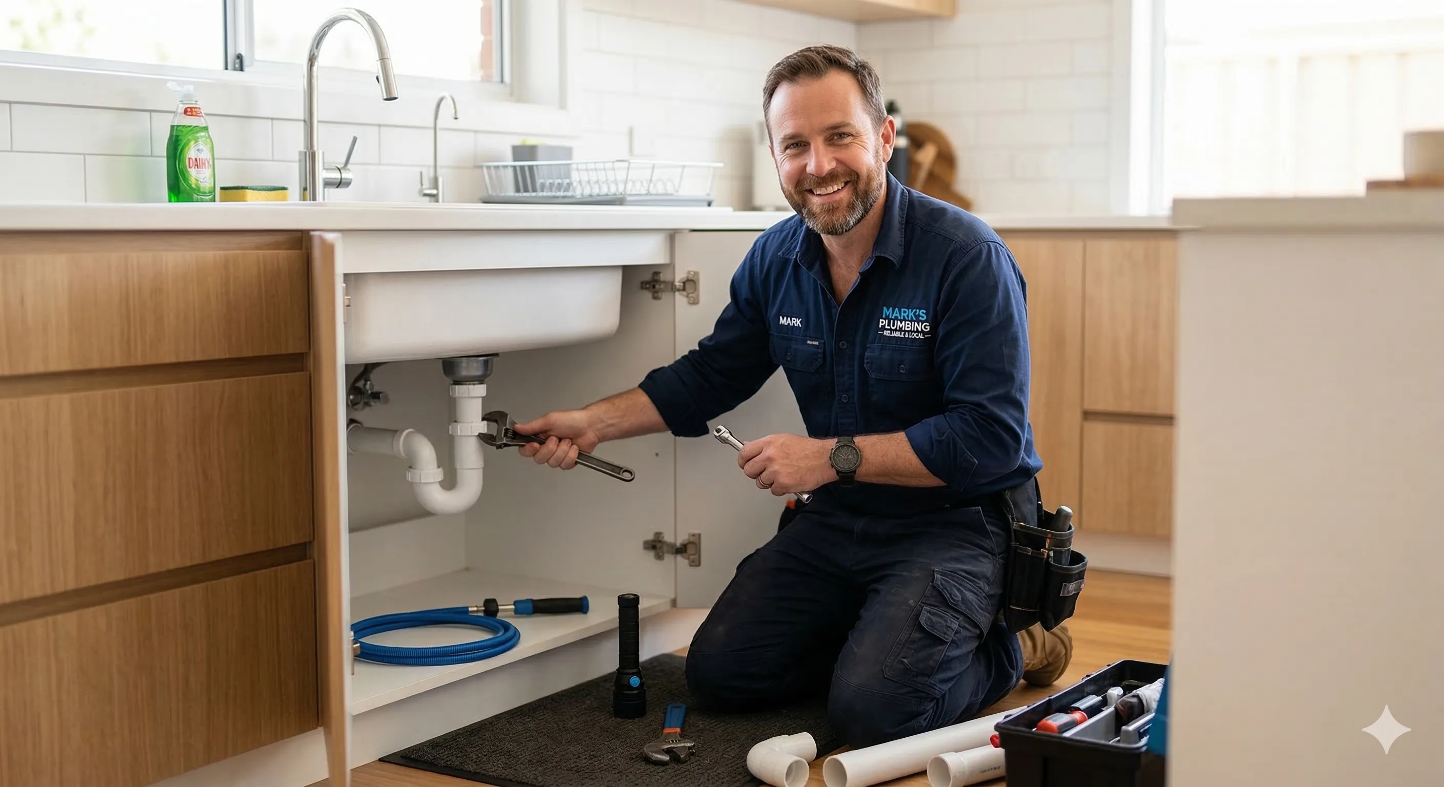 Plumber in navy work shirt kneeling beside open kitchen sink cabinet with wrench and tools
