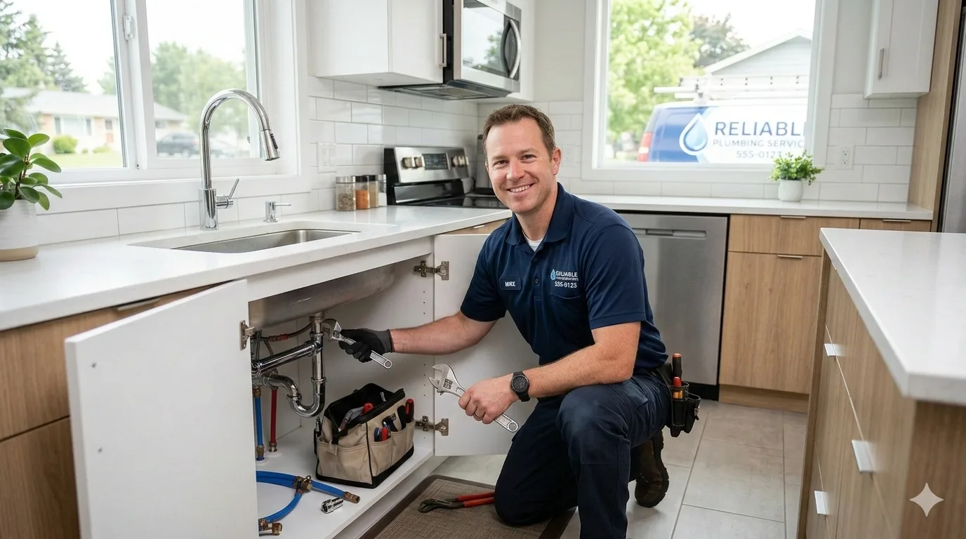 Smiling plumber in navy polo crouching under kitchen sink with adjustable wrench and tool bag, service van visible through window