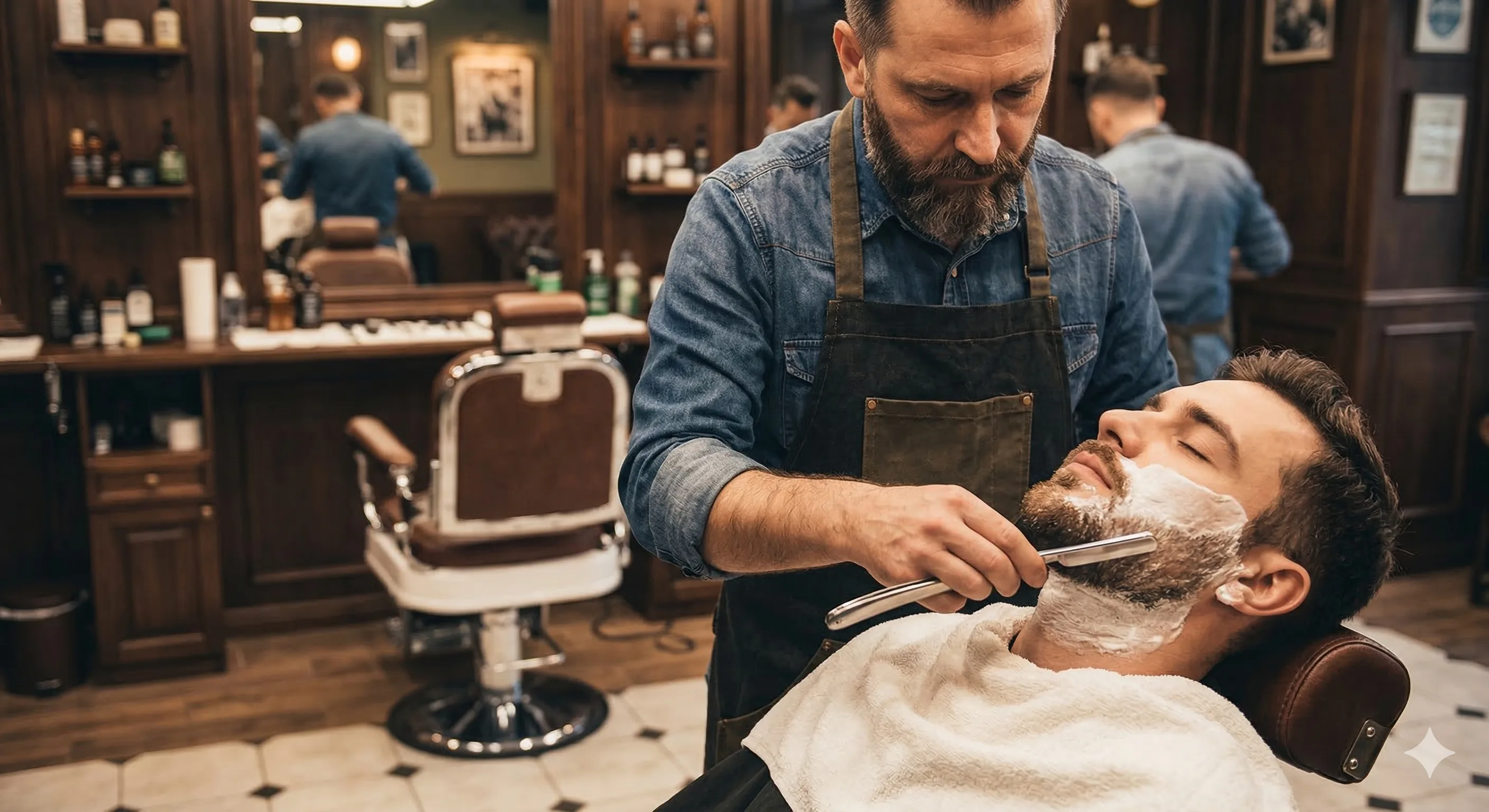 Bearded barber in denim shirt and leather apron giving a straight razor shave to a client in a classic barbershop