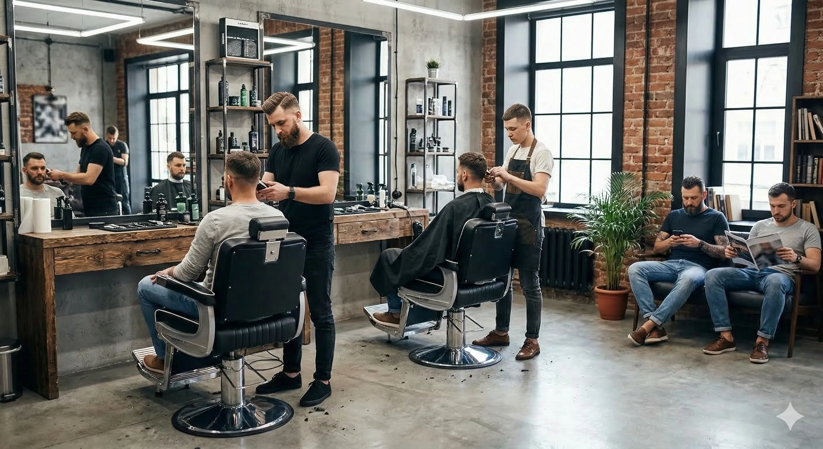 Modern industrial barbershop interior with exposed brick walls, two barbers cutting hair, and clients waiting on a leather bench