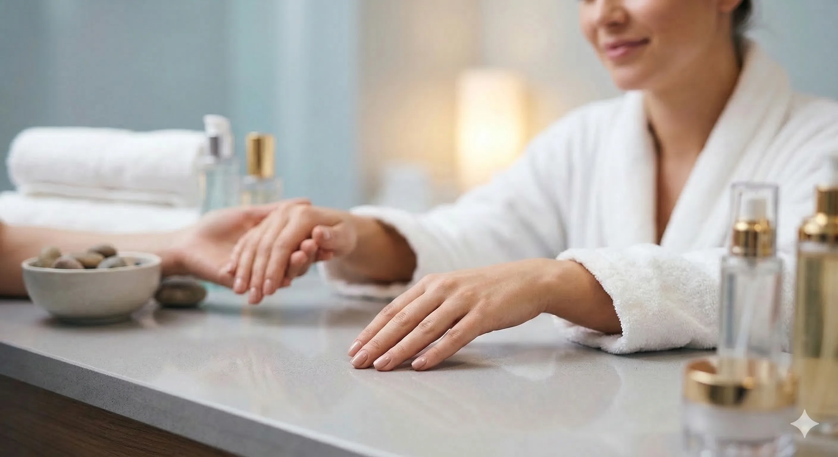 Woman in white spa robe receiving a manicure at a clean modern nail station with towels and gold-capped products